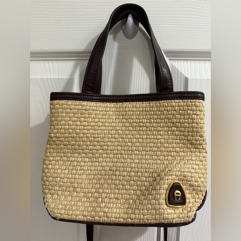 Aigner Brown and Tan Woven Mini Rattan Woven Basket Tote Bag